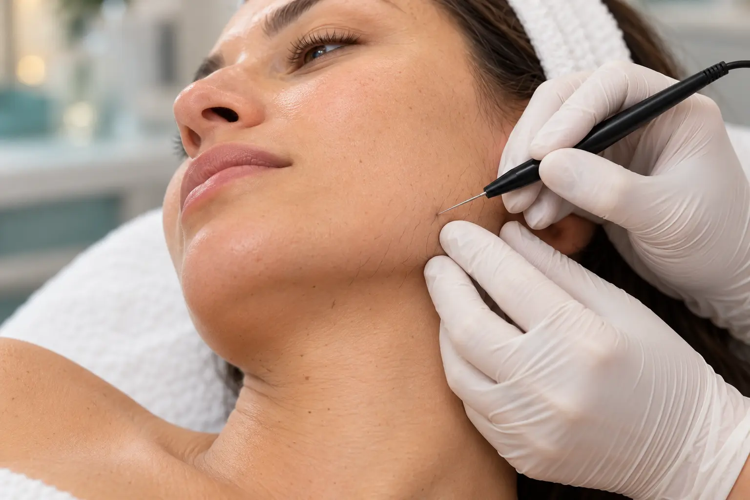 Professional electrolysis hair removal in a calm treatment room